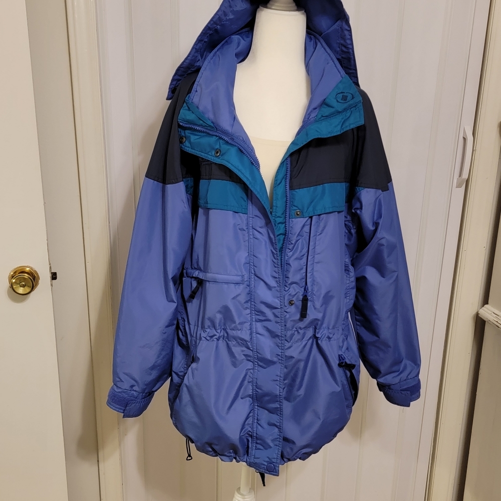 COLUMBIA Women's Hooded Jacket Blue Green Full Zip Pockets Insulated L snow ski…